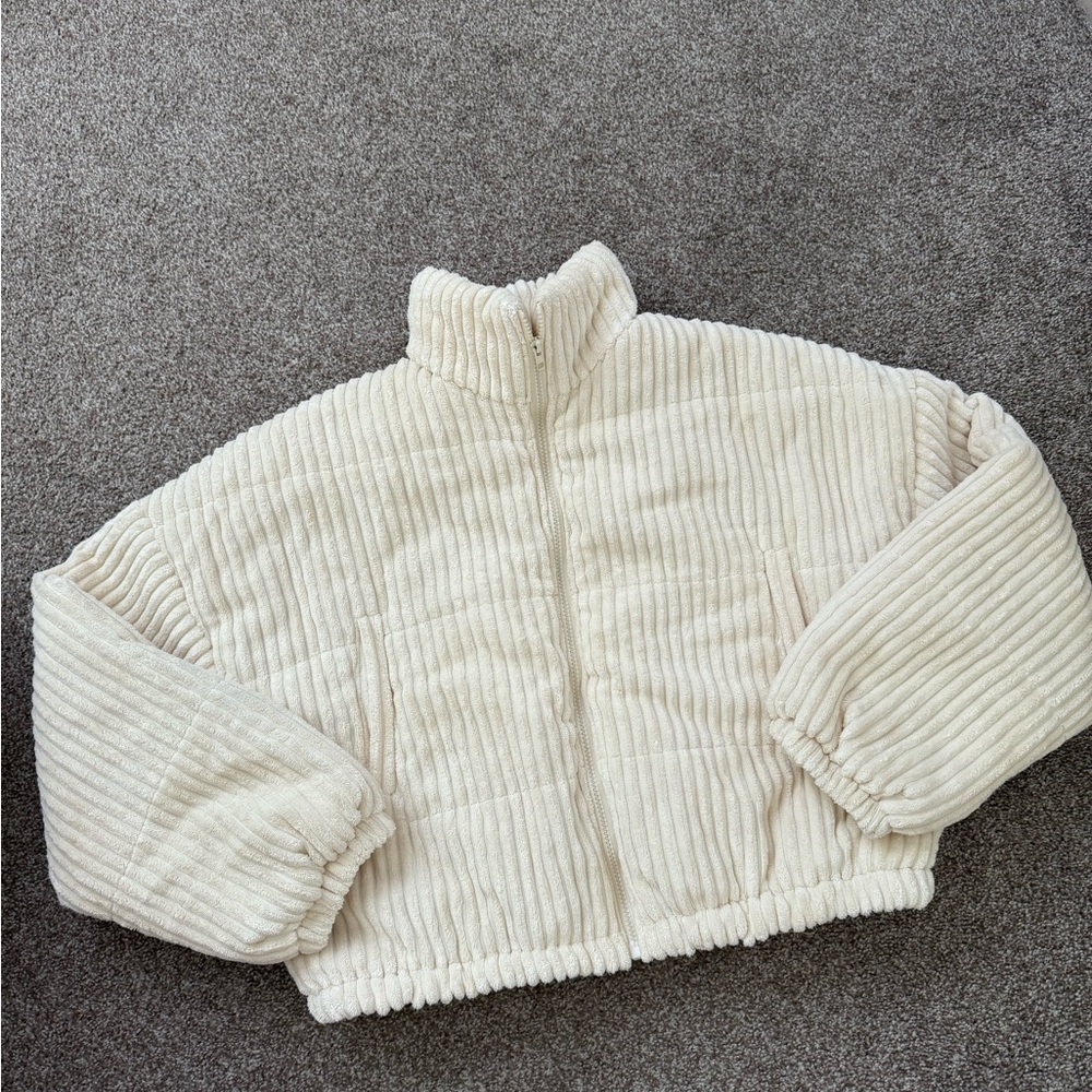 Cream Ribbed Zip-Up Jacket